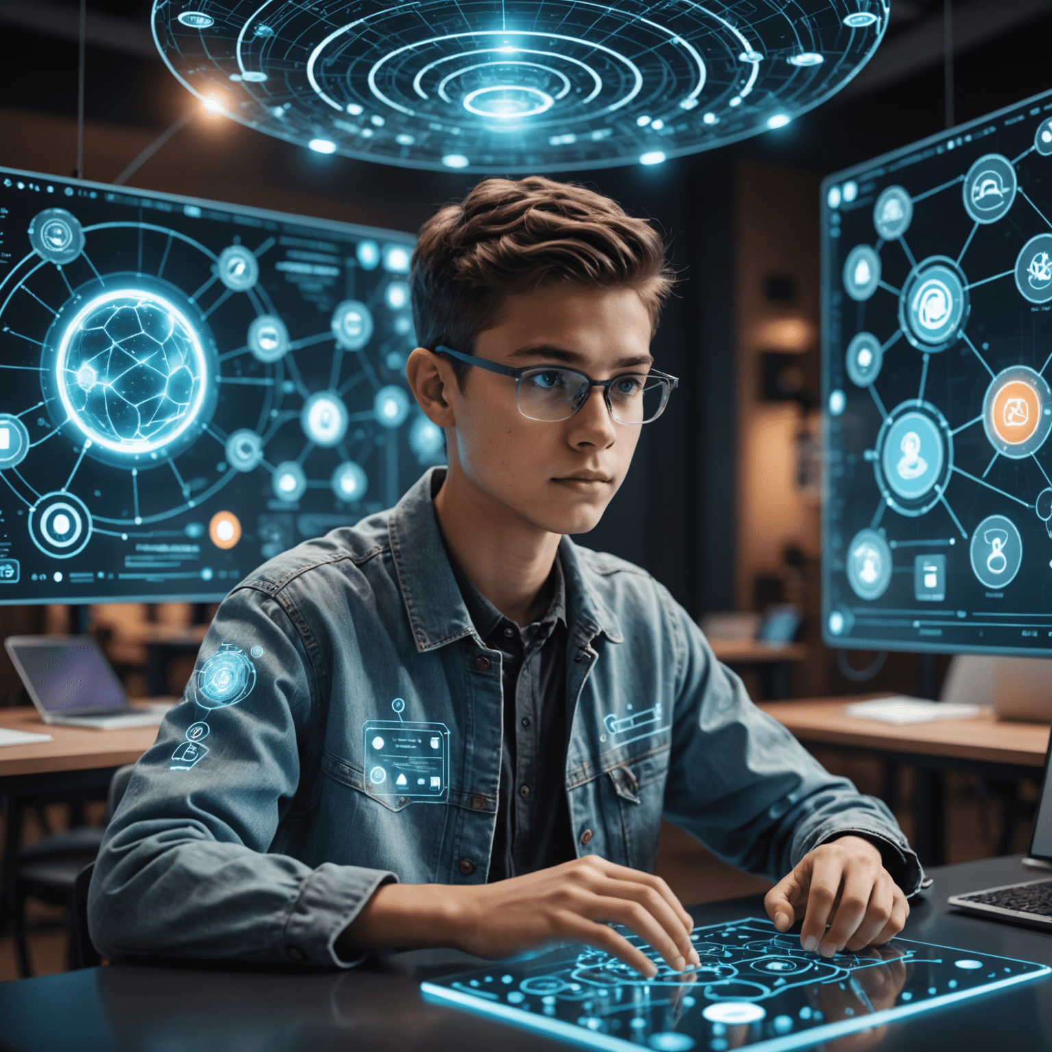 Un'immagine futuristica che mostra uno studente che interagisce con un'interfaccia olografica di apprendimento personalizzato, circondata da simboli di intelligenza artificiale e dati educativi.