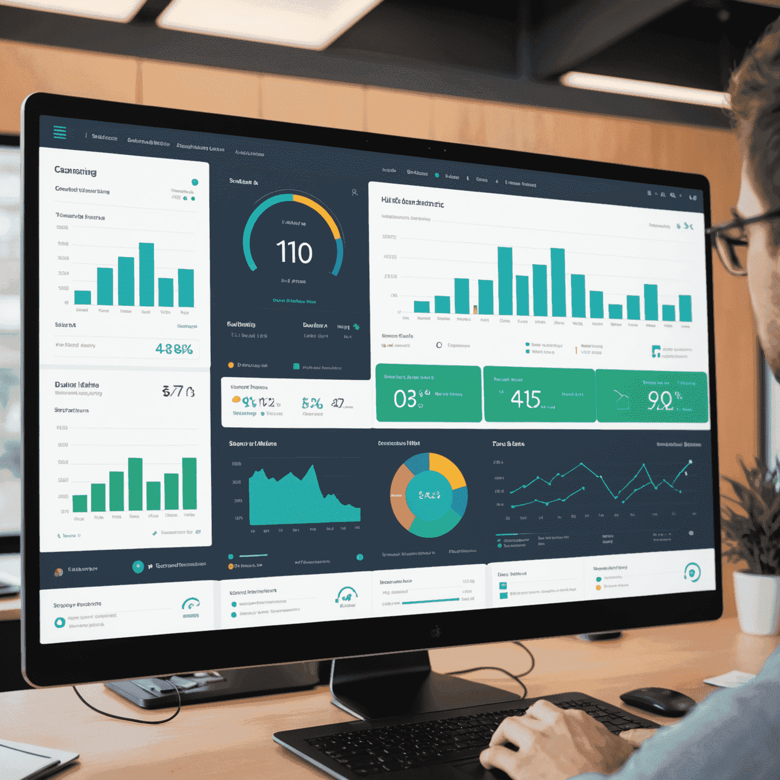 Un'immagine che mostra un dashboard interattivo con grafici e metriche di valutazione degli studenti, con icone di IA che analizzano i dati in tempo reale.