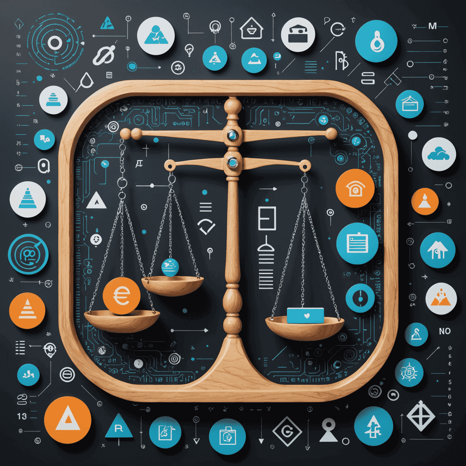 Un'immagine concettuale che rappresenta una bilancia con simboli di IA su un lato e simboli etici sull'altro, circondata da icone educative e codice binario.
